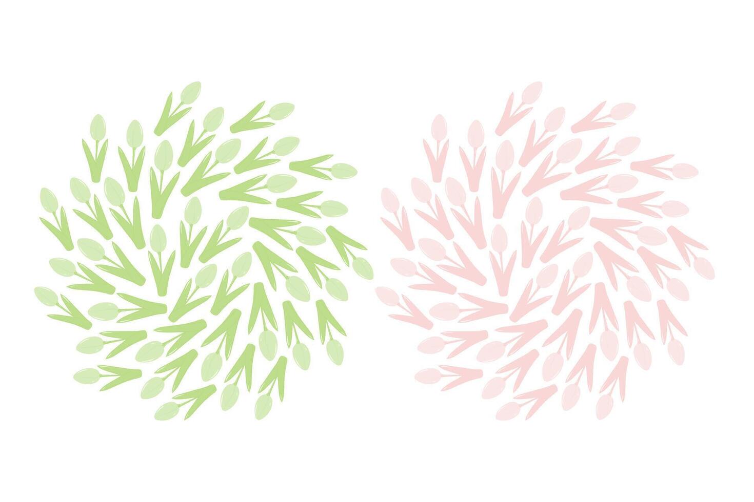 Blooming Tulips Circle backgrounds texture in trendy monochrome soft green and pink. Springtime fond. Isolated illustration Greeting cards, posters, leaflets, banners, price, label or web promo vector