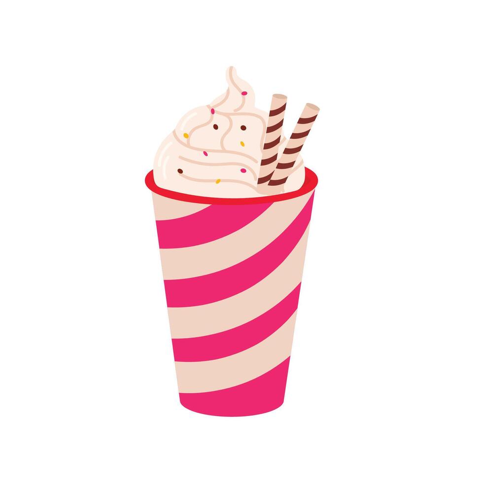 Cute rose cup of drink with cream for Valentine's Day. Flat illustration vector