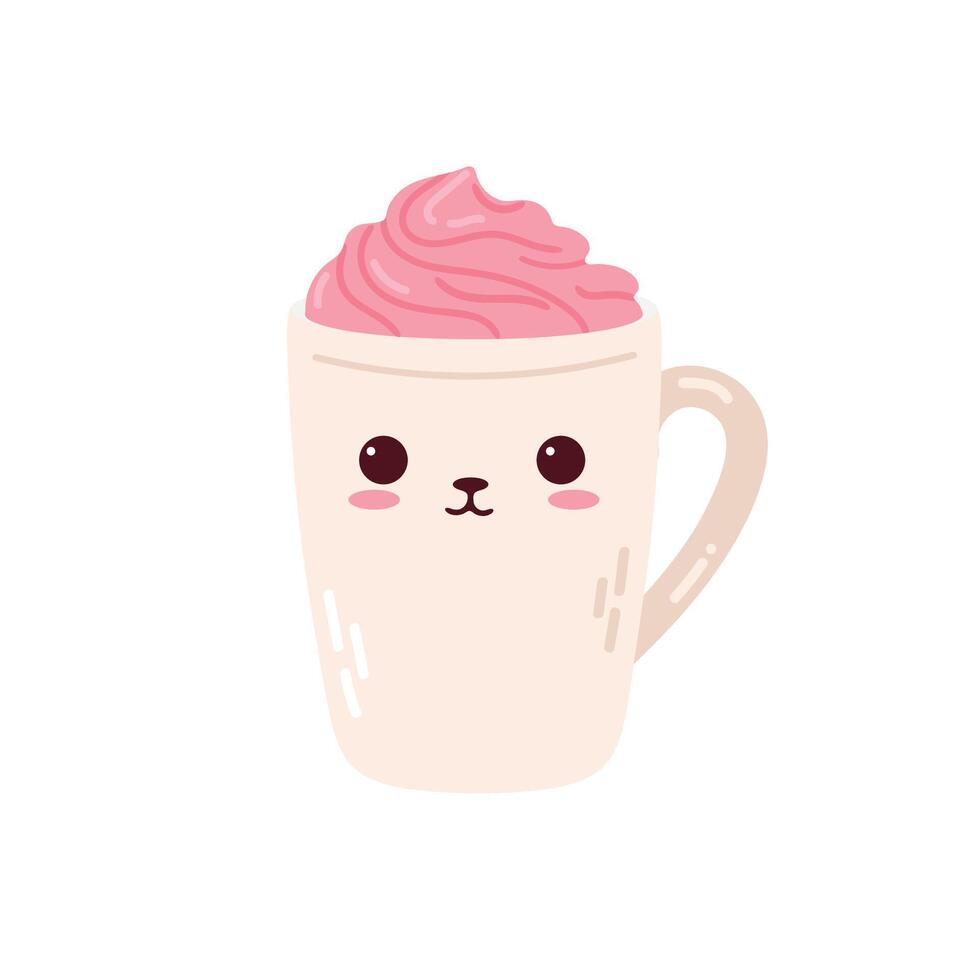 Cute kawaii mug for Valentine's Day. Mug with coffee, cocoa with cream, decorative hearts. Flat illustration. vector
