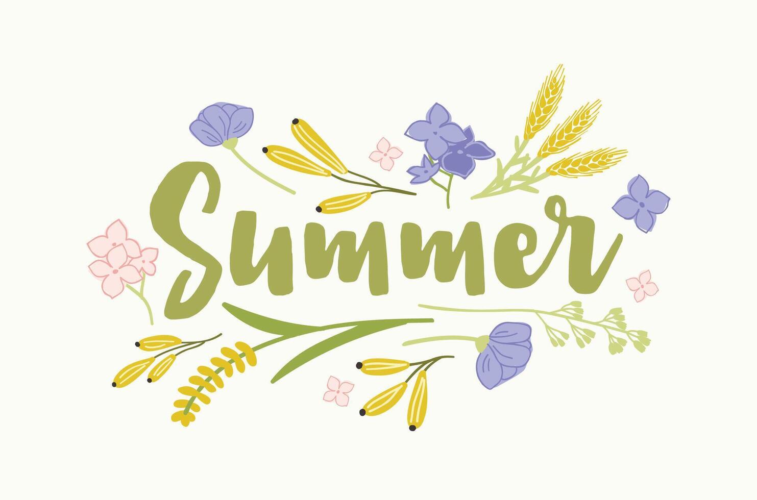 Summer word written with elegant cursive font and surrounded by beautiful blooming flowers, ears or spikes of cereal plants. Seasonal inscription isolated on white background. illustration vector