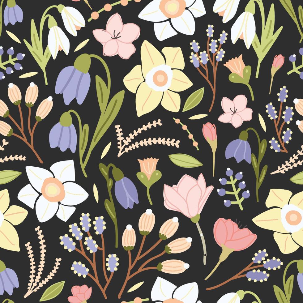 Bright colored seamless pattern with beautiful blooming flowers and inflorescences on black background. Botanical backdrop with flowering plants. illustration for fabric print, wrapping paper vector
