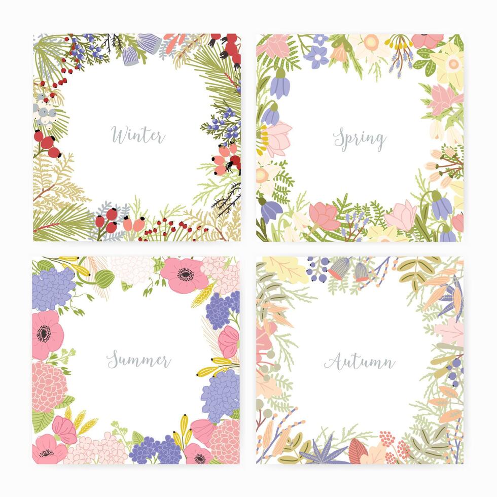 Collection of square card templates with various season names and frames made of beautiful wild blooming flowers, flowering plants, leaves, berries. Colorful seasonal illustration vector