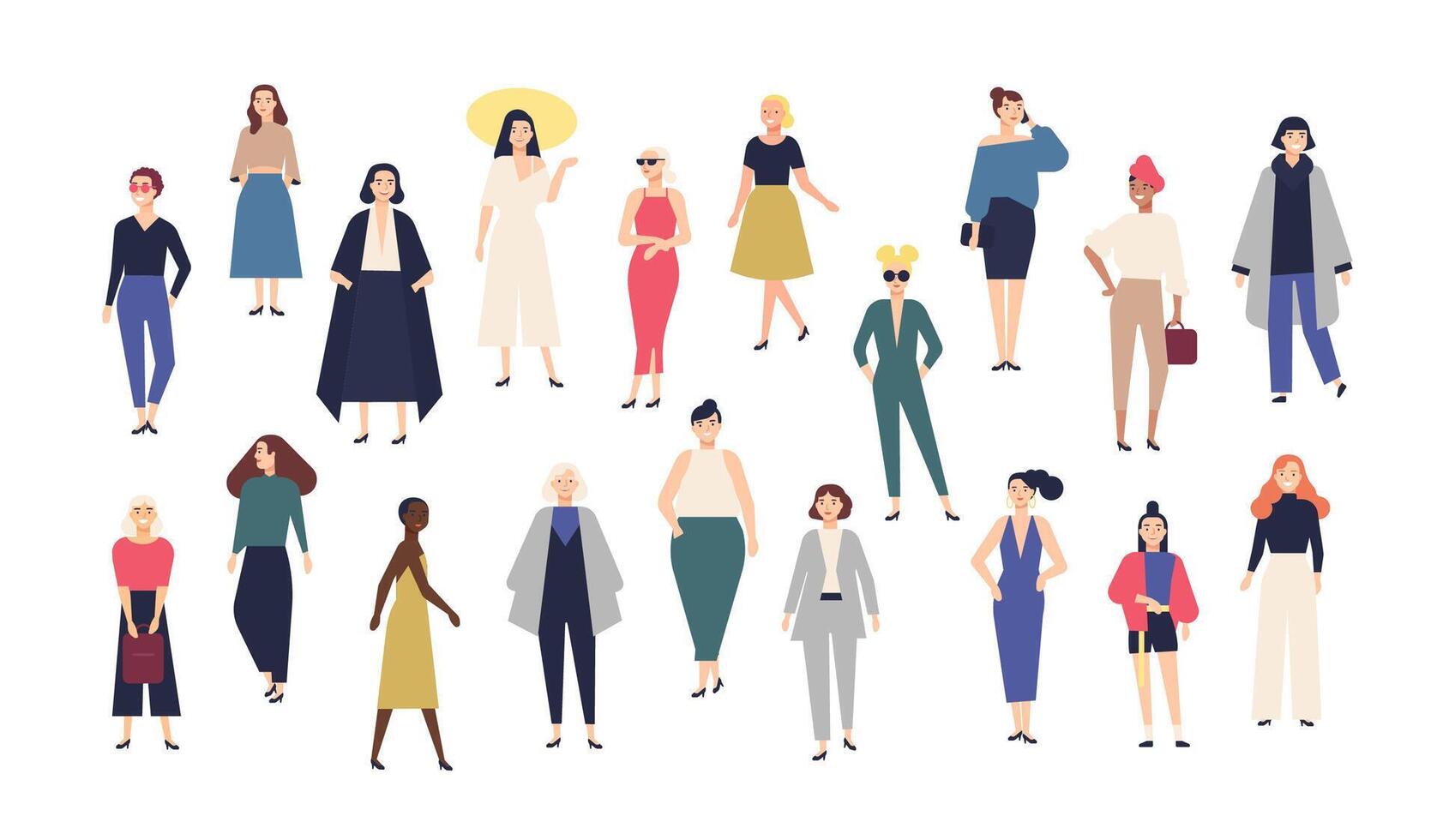 Women's world. Crowd of girls dressed in trendy casual and formal clothes. Collection of female cartoon characters isolated on white background. Colorful illustration in modern flat style vector