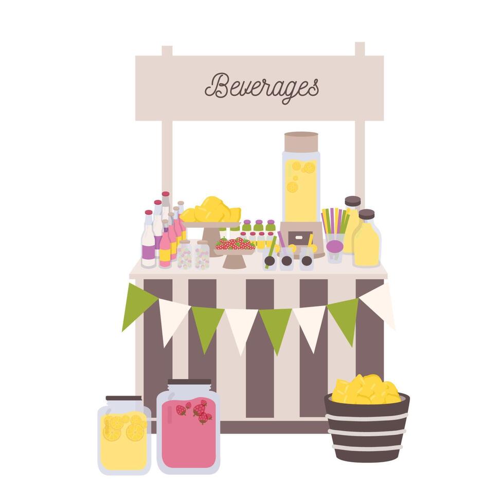 Marketplace or counter with signboard, bottles and jars with lemonade and other beverages. Place for selling refreshing drinks on local farmers market. Flat cartoon colorful illustration vector