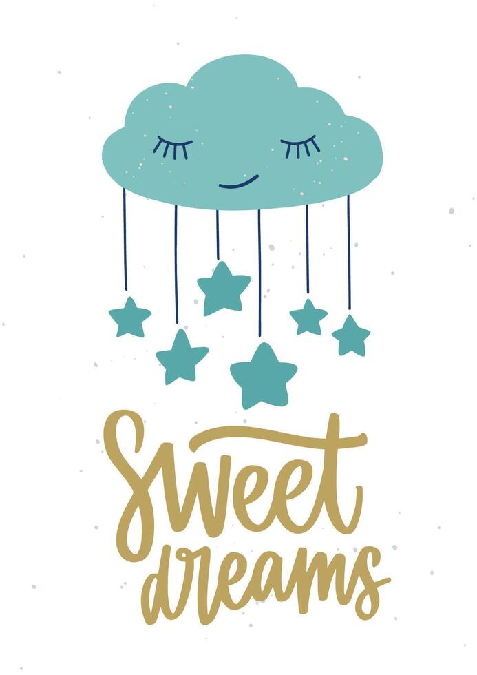 Poster template for children's room with cute sleeping cartoon cloud with closed eyes, hanging stars and Sweet Dreams inscription handwritten with cursive calligraphic font. illustration vector