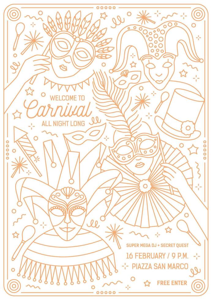Monochrome flyer, poster or invitation template for Venetian masquerade ball, Mardi Gras carnival, festival or party with characters wearing festive masks. illustration in line art style vector