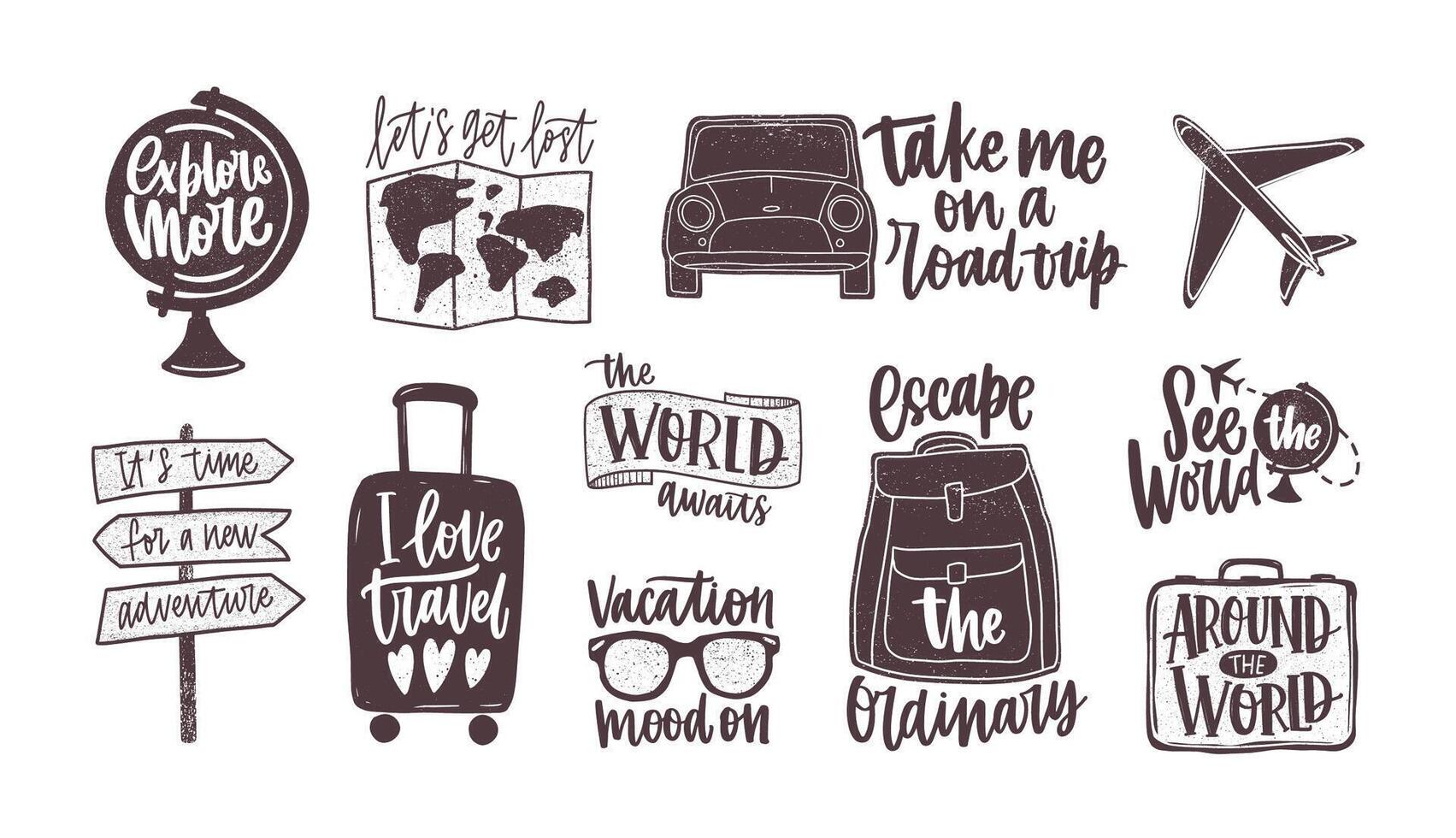 Bundle of handwritten motivational slogans decorated with tourism, travel and vacation elements - backpack, suitcase, world map, globe, airplane, sunglasses. Modern monochrome illustration vector