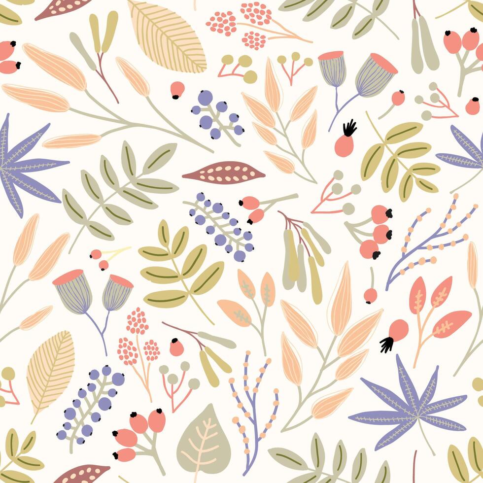 Motley seamless pattern with berries, leaves and inflorescences on white background. Decorative botanical backdrop. Beautiful illustration for textile print, wrapping paper, wallpaper vector