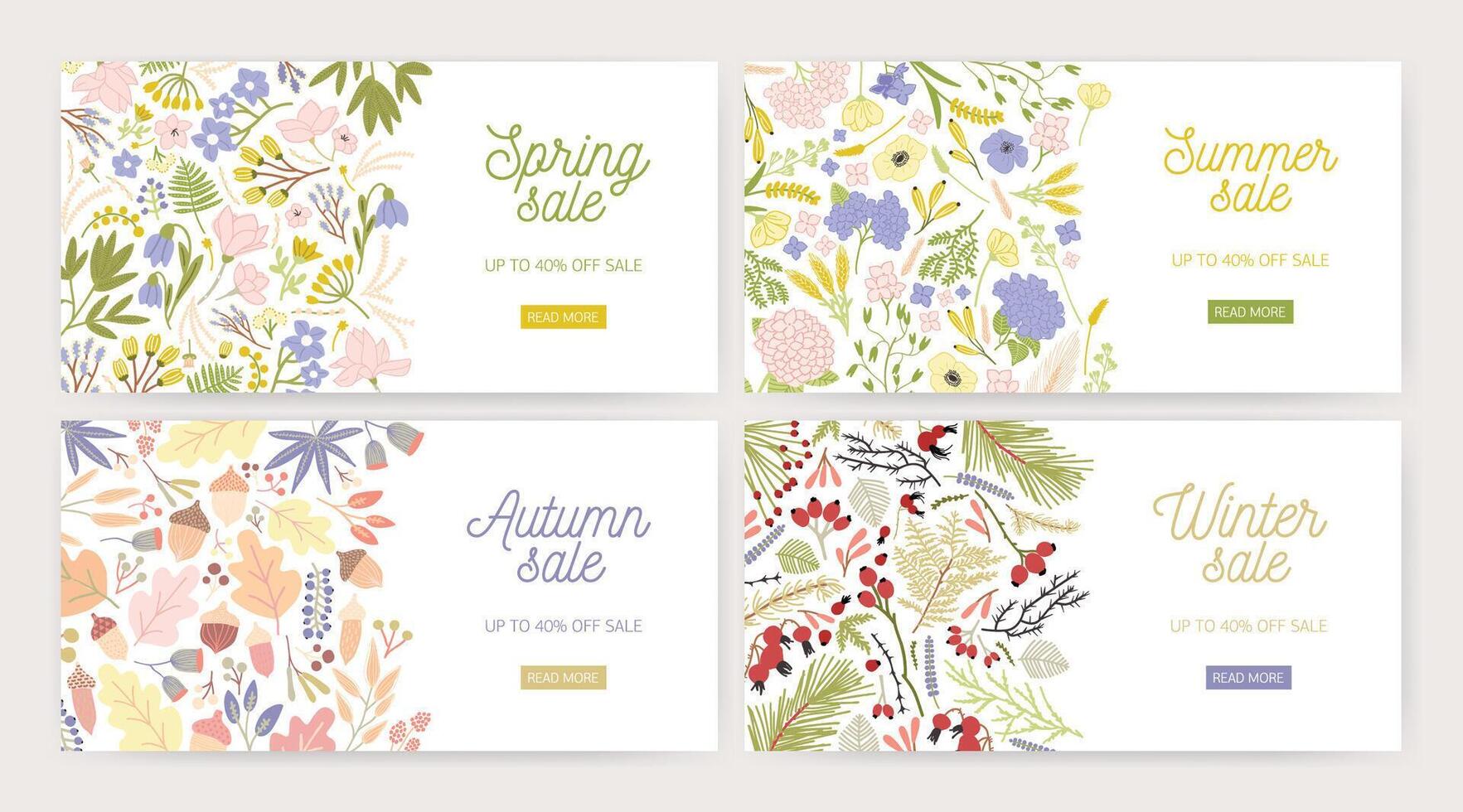 Collection of web banner templates with gorgeous blooming flowers, plants, leaves, berries and place for text on white background. illustration for seasonal sale advertisement or promotion vector