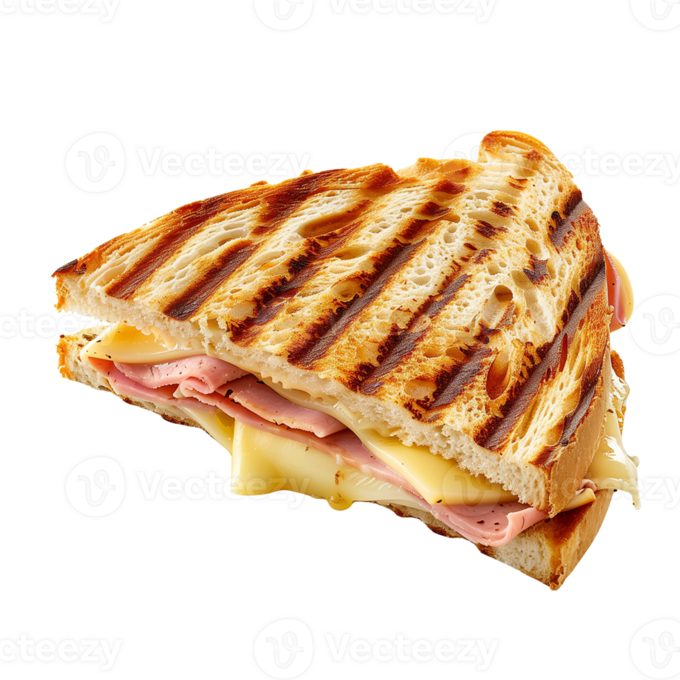 Decorated on a plate Pressed and toasted sandwich with ham and cheeses isolated on a transparent background png