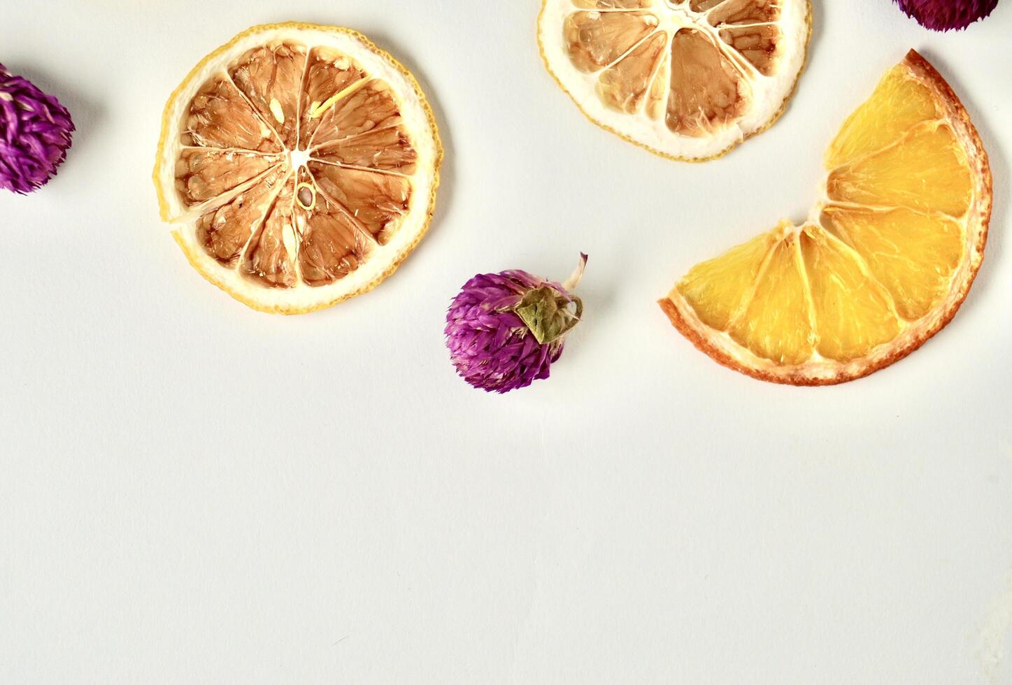 Dry globe amaranth, lemon, and orange fruit slices isolated on horizontal copy spaced white background. photo