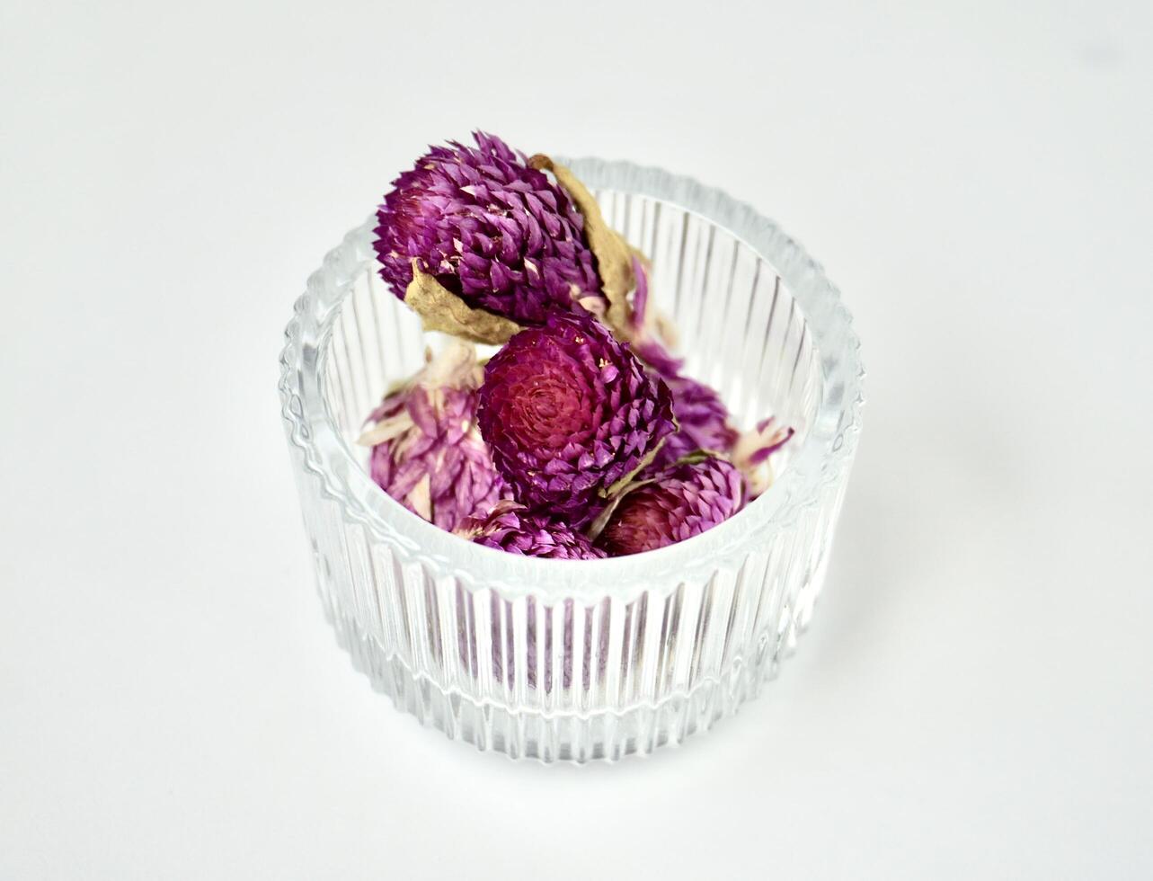 Dried globe amaranth or gomphrena globosa flowers for tea ingredients in round glass bowl container isolated on horizontal white background. photo