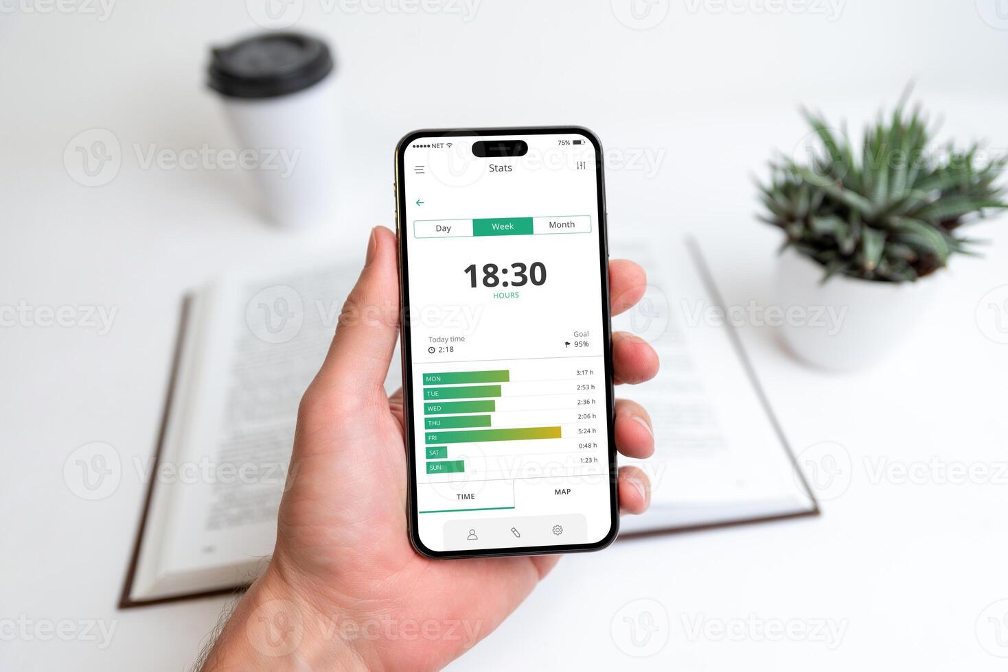Smartphone displaying learning progress tracking app, monitoring study time, research efforts, and project milestones, symbolizing goal achievement, productivity, and time management photo