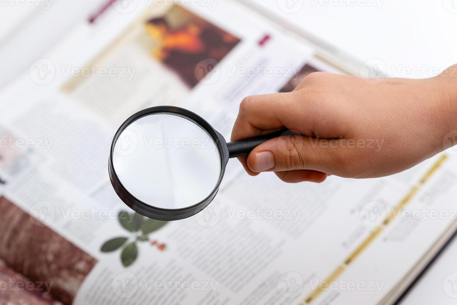 Hand holding magnifying glass examining book and plant inside, symbolizing research, knowledge, nature exploration, and learning through books photo