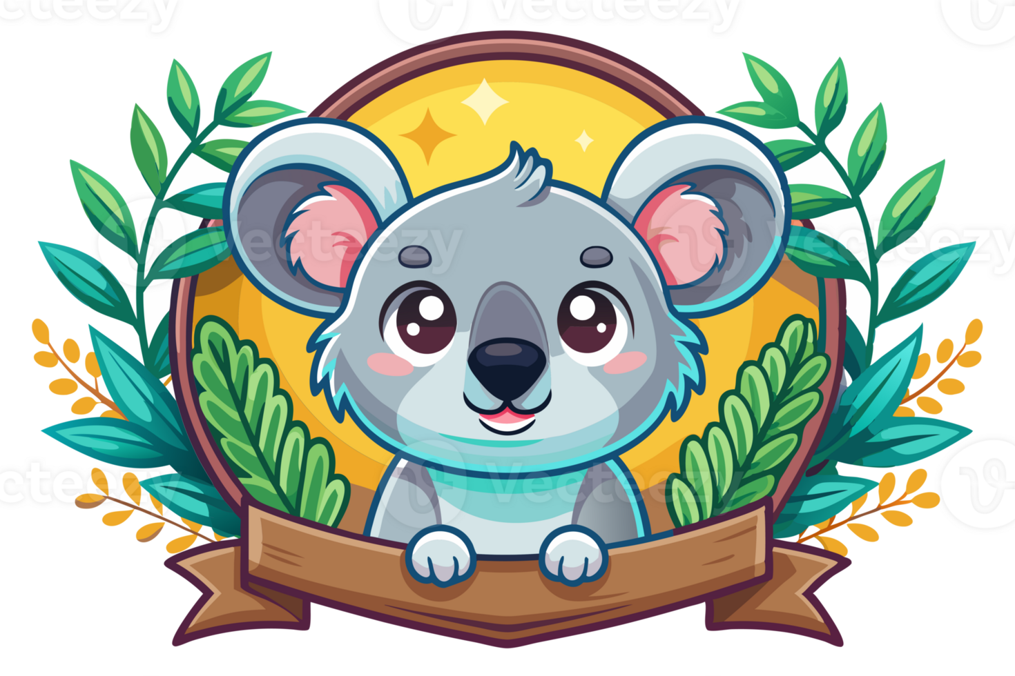 cartoon koala with leaves and flowers on a background png
