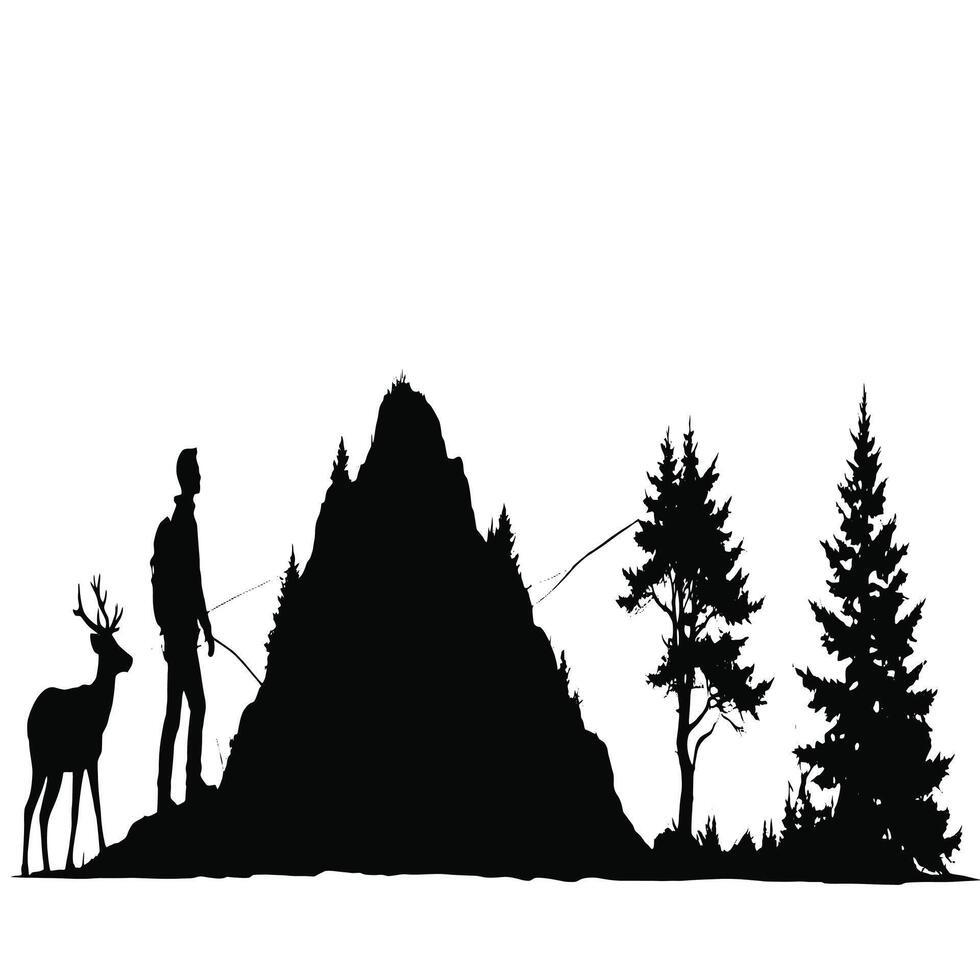 Silhouette of a man and deer in the mountains vector