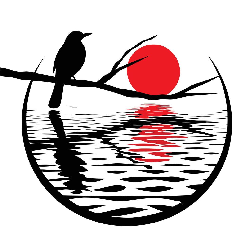 A bird sitting on a branch in the water with the sun in the background vector