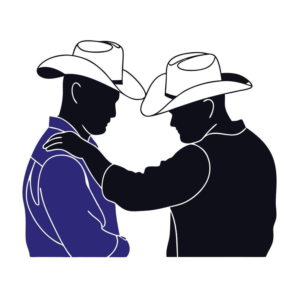 Two men in cowboy hats are touching each other vector