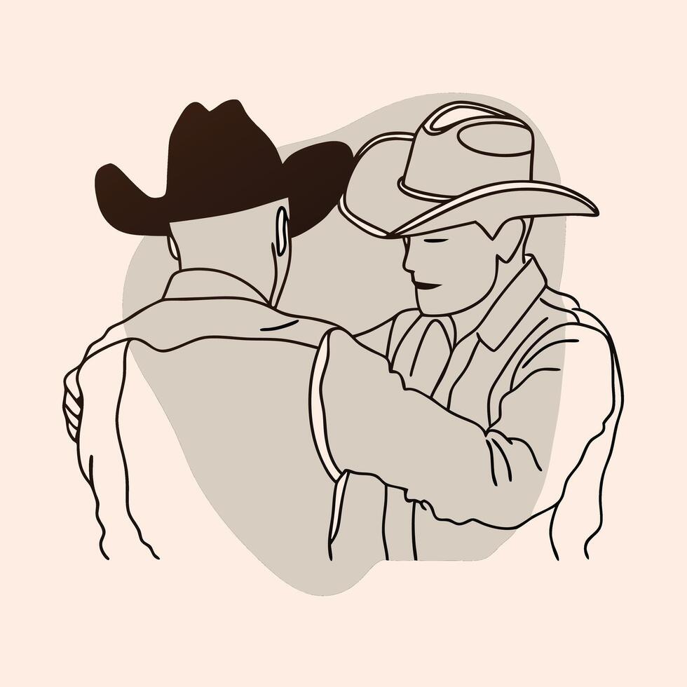 Two men in cowboy hats are hugging each other vector