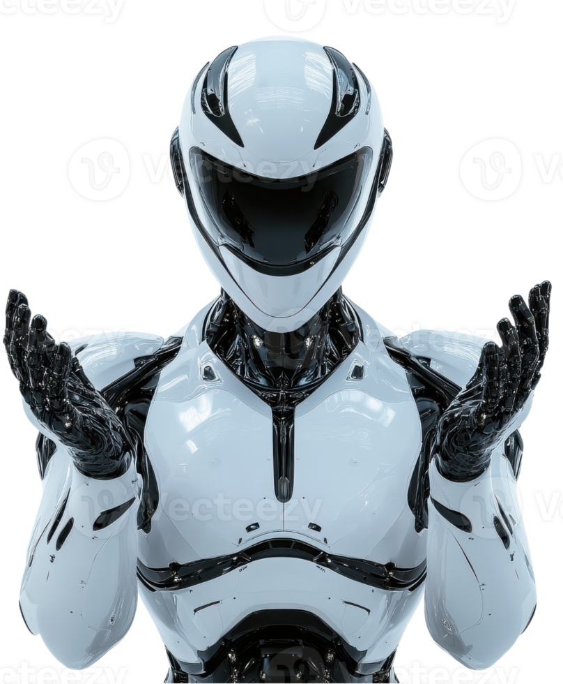 futuristic robot with sleek design and glossy white exterior, showcasing its articulated hands in welcoming gesture. This advanced technology embodies innovation and creativity png