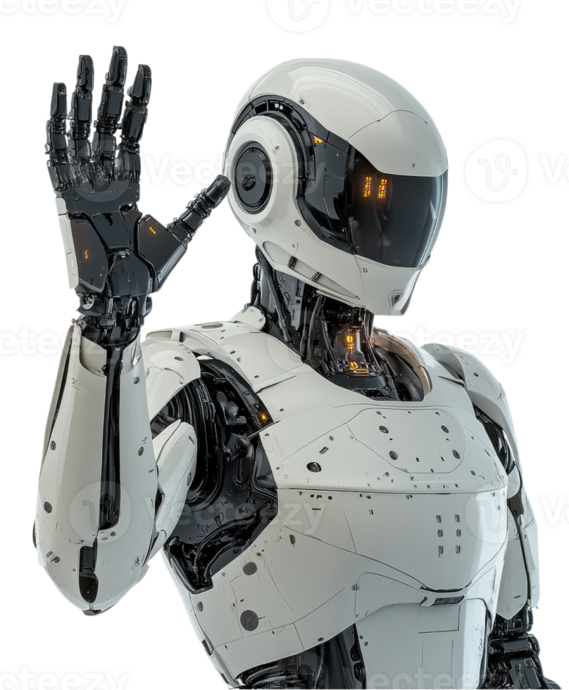 futuristic humanoid robot with sleek design and friendly gesture, showcasing advanced technology and intricate details. Its shiny exterior and illuminated features evoke sense of innovation and png