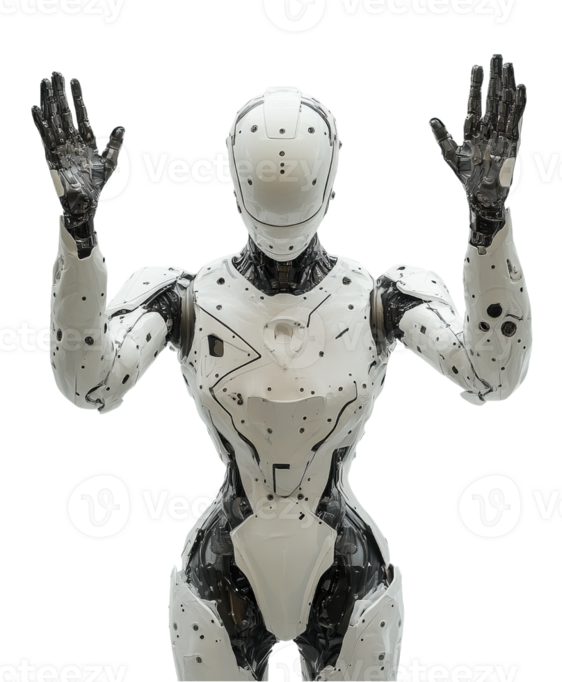 futuristic humanoid robot stands with arms raised, showcasing its intricate design and advanced technology. sleek, white exterior contrasts with detailed inner mechanics, evoking sense of innovation png