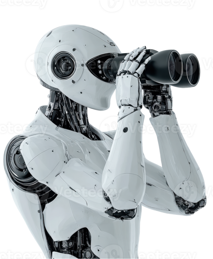 futuristic robot with sleek design is using binoculars to observe its surroundings. advanced technology and intricate details of its structure highlight blend of robotics and exploration png
