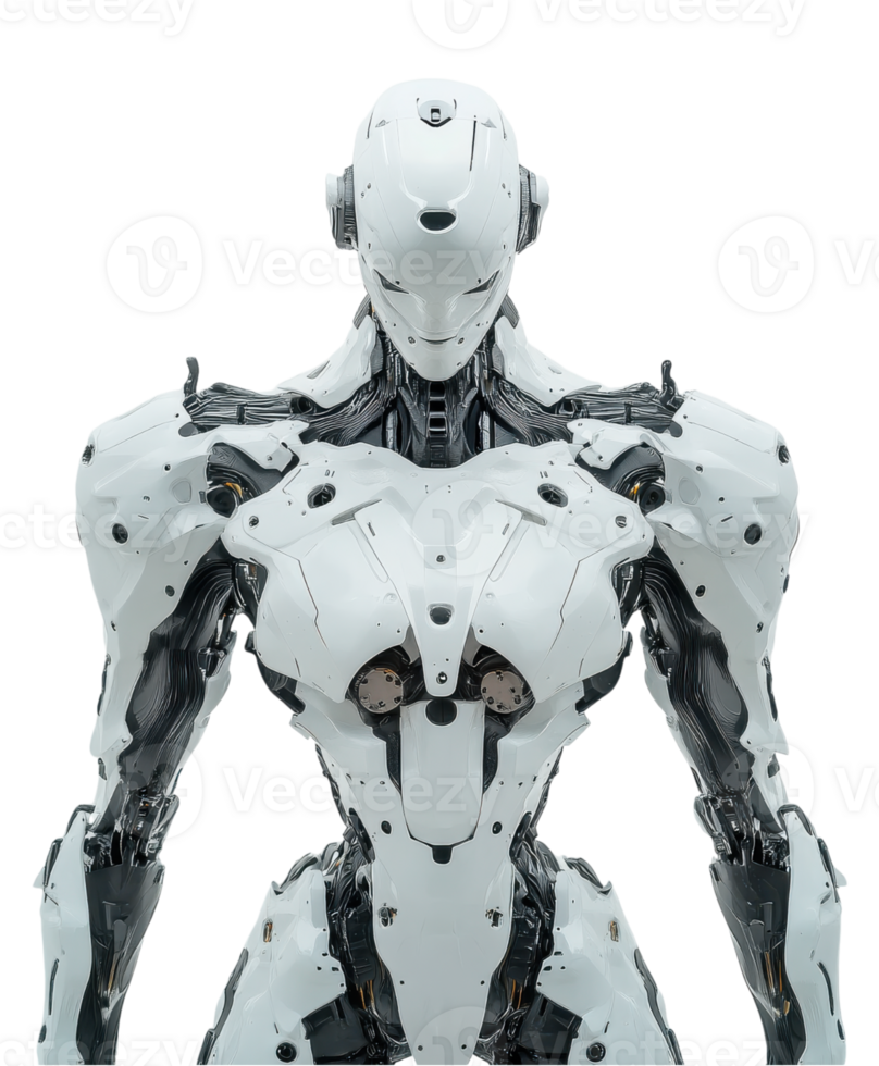 futuristic humanoid robot with sleek white exterior and intricate mechanical details stands confidently. Its design showcases advanced technology and innovation, evoking sense of curiosity and png