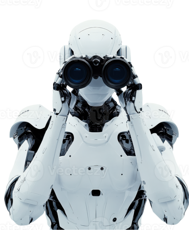 futuristic robot with sleek design is using binoculars, showcasing advanced technology and curiosity. robots white exterior contrasts with its intricate mechanical details, evoking sense of png