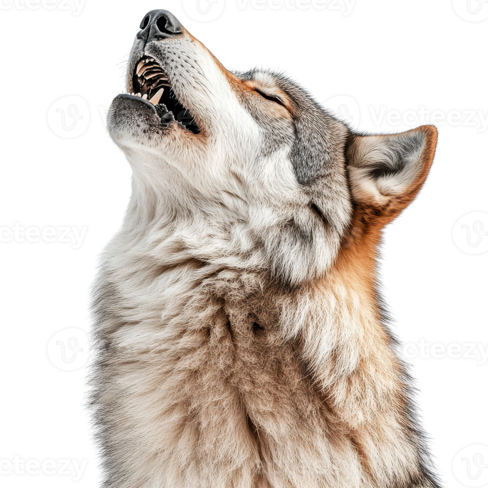 Majestic wolf howling with mouth open, showcasing its powerful presence and striking features. wolfs fur is thick and beautifully textured, emphasizing its wild nature png
