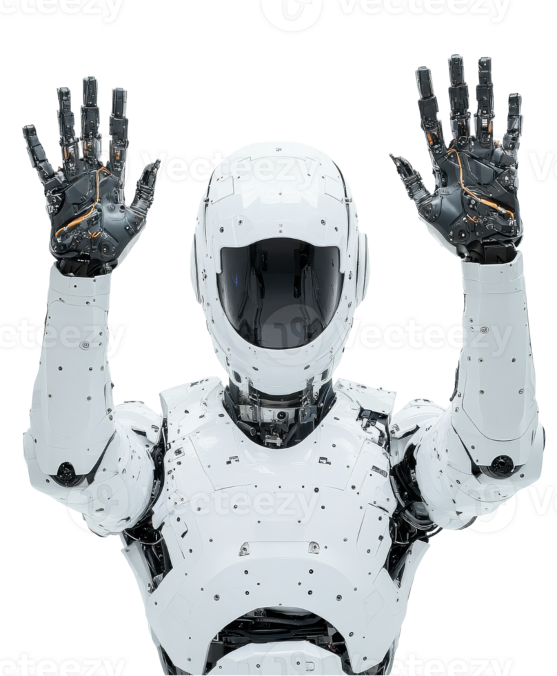 futuristic humanoid robot with sleek design and articulated hands raised in welcoming gesture, showcasing advanced technology and intricate details png