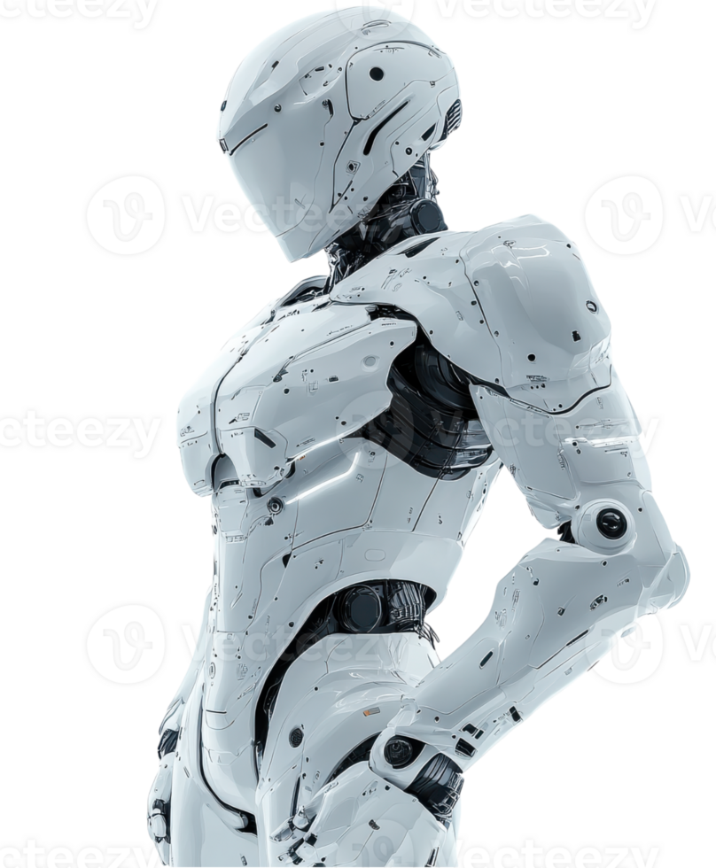 futuristic robot stands confidently, showcasing its sleek white design and advanced technology. intricate details highlight its mechanical features and modern aesthetics png