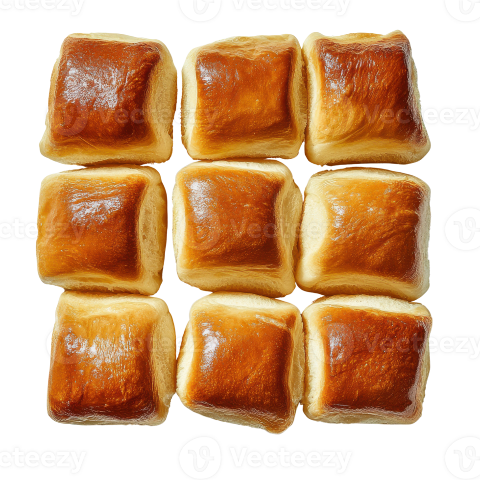 Freshly baked golden bread rolls arranged in neat grid pattern png