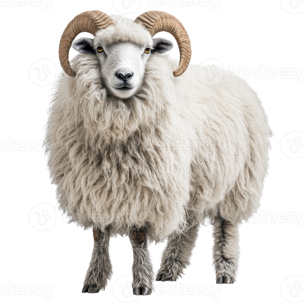 pluizig schapen met gebogen hoorns staand sierlijk, presentatie van haar dik wol jas en sterk aanwezigheid. deze majestueus dier belichaamt schoonheid van natuur png