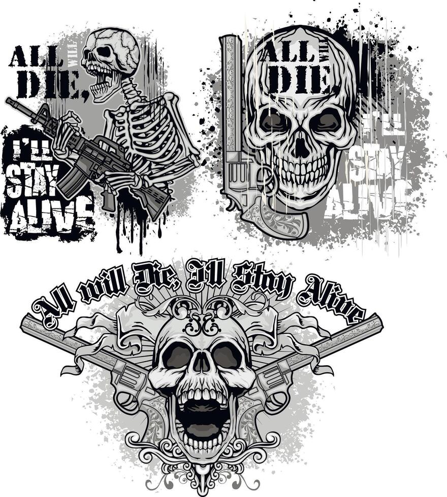 set, skeleton with guns vector