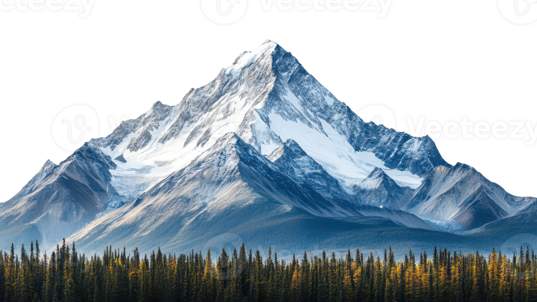 Majestic mountain peak surrounded by lush evergreen trees, showcasing stunning snow capped summits and vibrant autumn foliage. breathtaking natural landscape that evokes tranquility and awe png