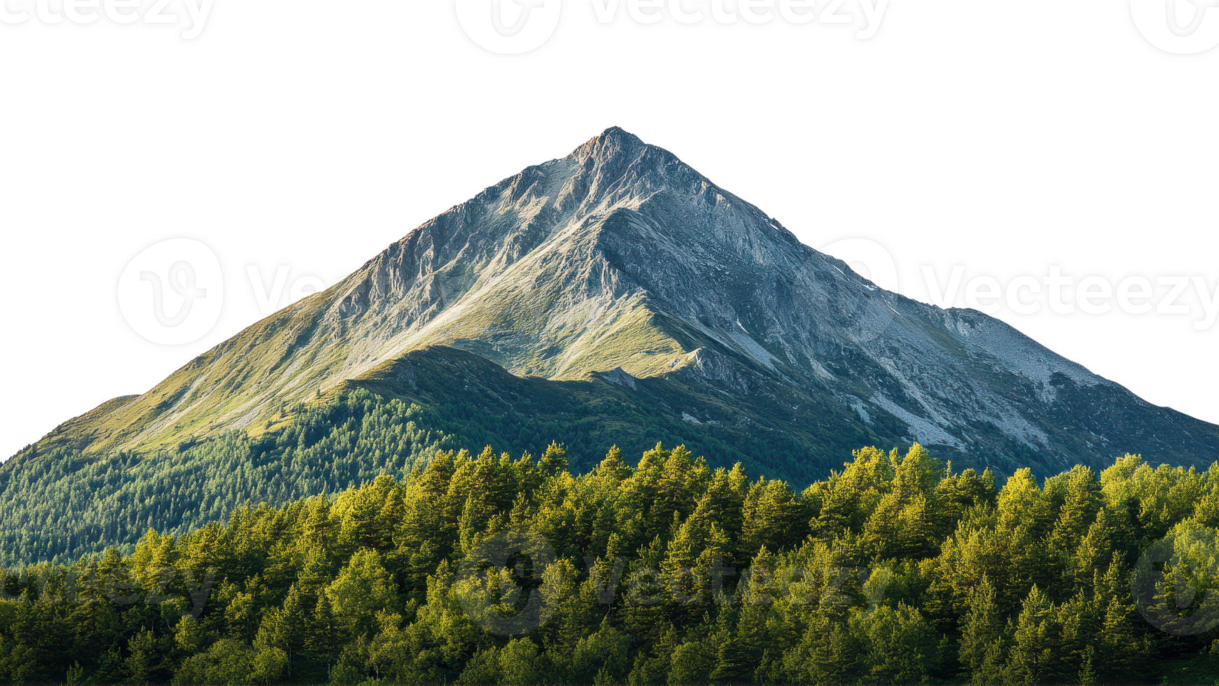stunning mountain peak rises majestically above lush green forest, showcasing beauty of nature. sunlight highlights rugged terrain and vibrant foliage, creating serene landscape png