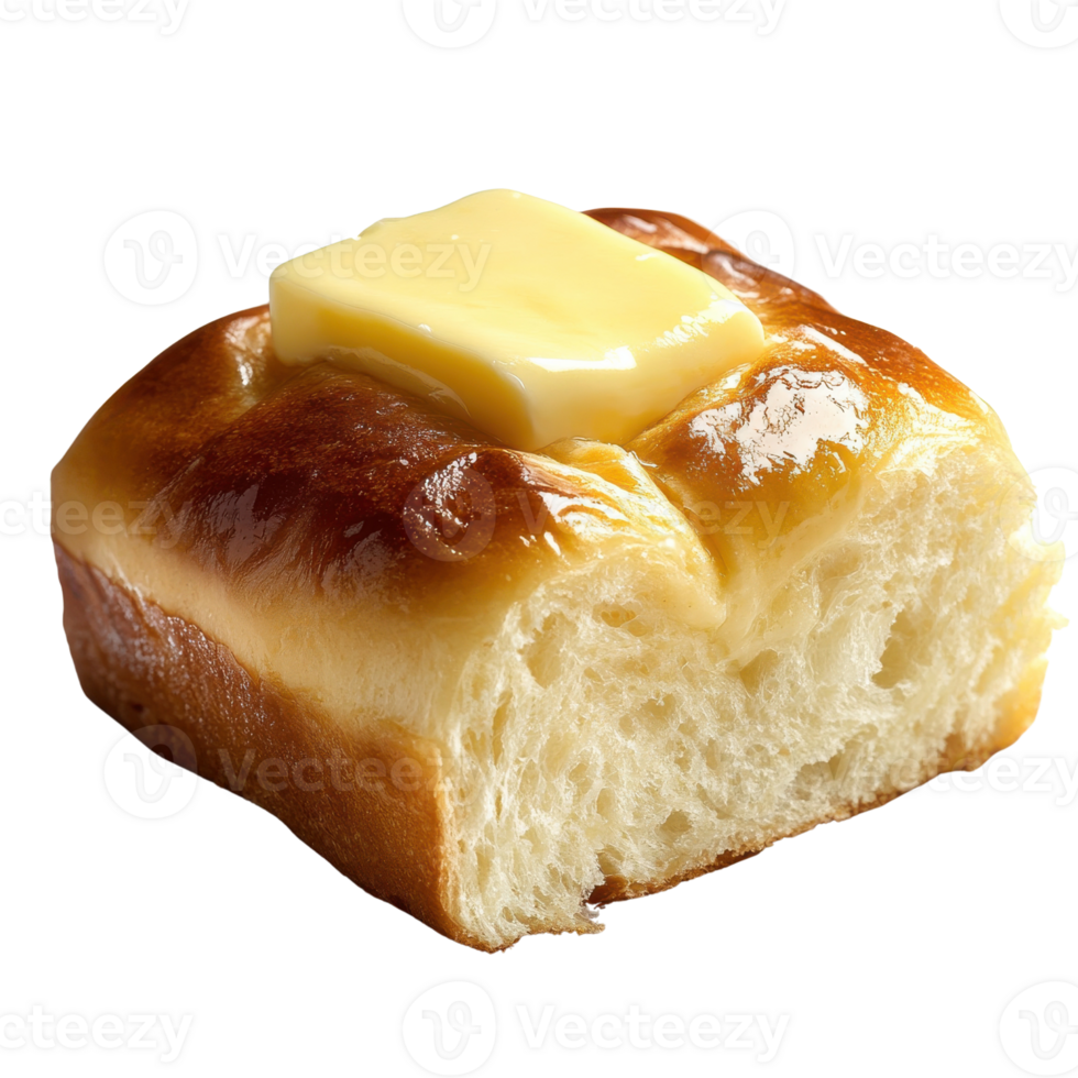 Freshly baked bread roll with butter on top, soft and fluffy texture png