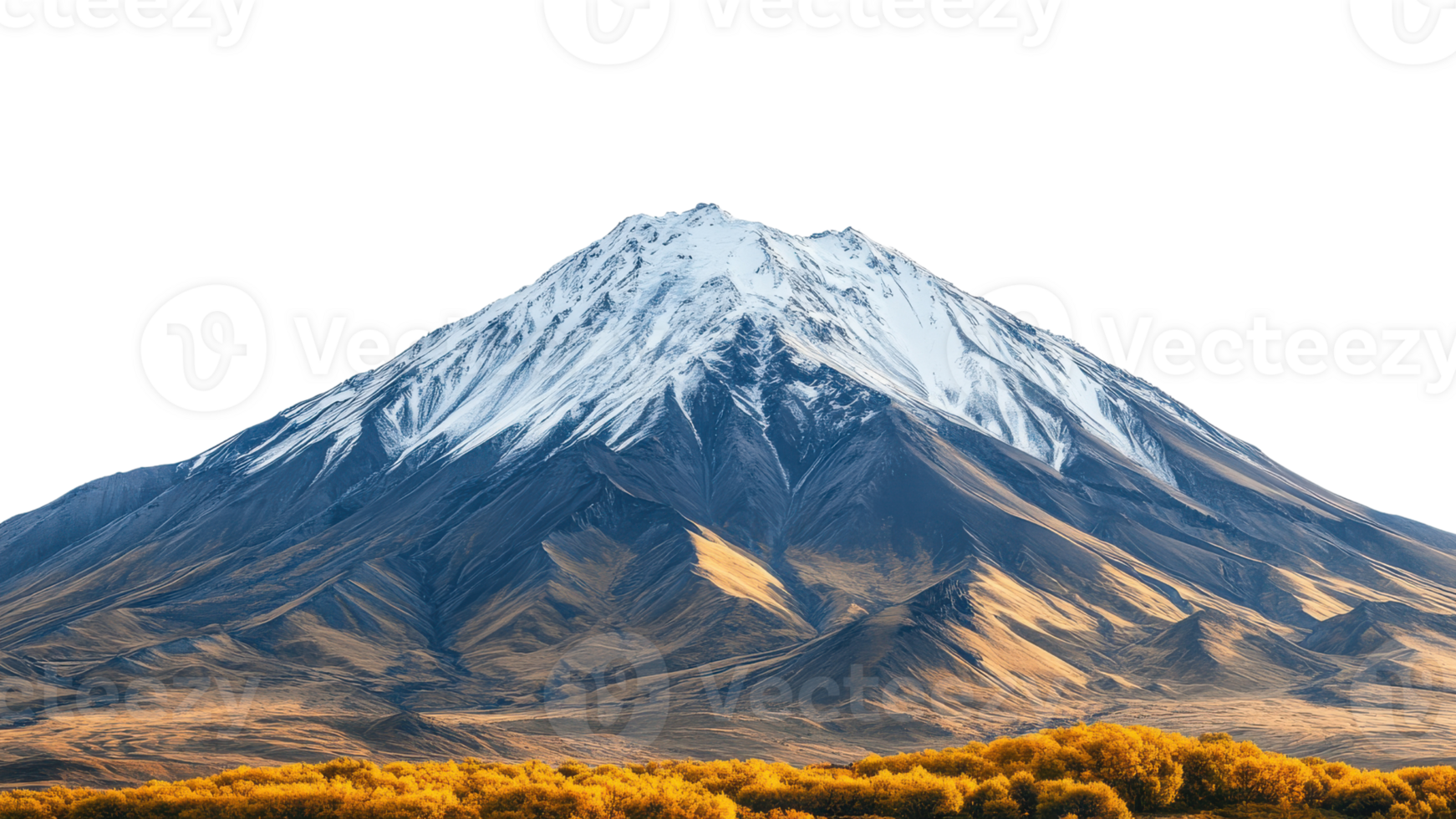 Majestic snow capped mountain towering over golden fields, showcasing natures beauty and grandeur. contrast of colors creates stunning landscape that inspires awe png