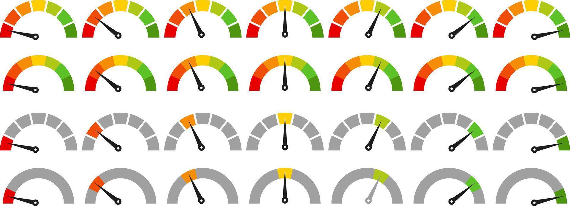 speedometer color icon set. Low, medium, high speedometer sign. Rating Speed Meter vector