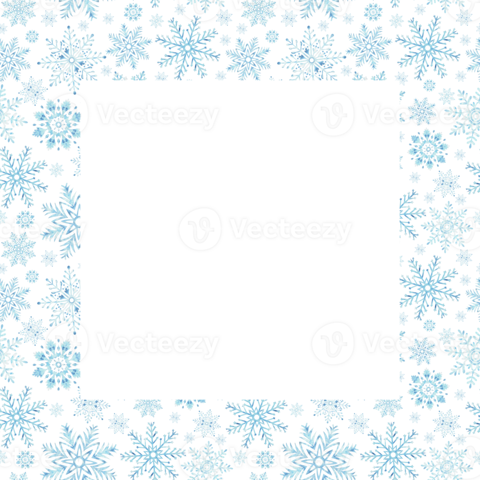Blue snowflakes. Template postcard with copy space. Ice stars for Christmas or New Year's design. Hand drawn watercolor illustration isolated. Winter holiday frame for card, website, wrapping, sale. png