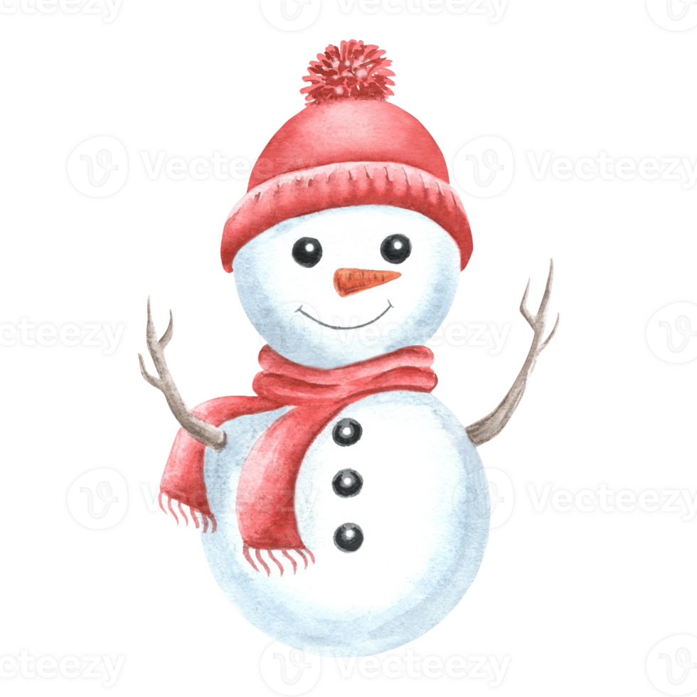 Snowman with red knitted hat and scarf. Cute cheerful character for winter holiday design. Hand drawn watercolor illustration isolated. Clipart for Christmas and New Year kids print, wrapping, card. png