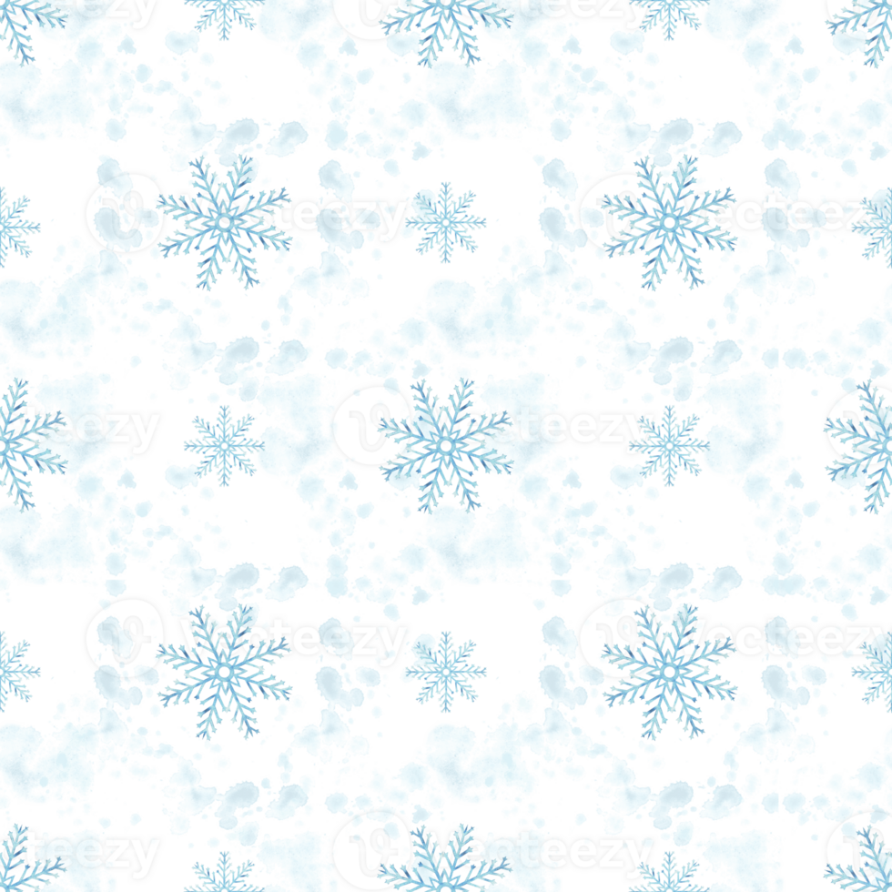 Blue snowflakes. Snowing seamless pattern. Hand drawn watercolor illustration. Ice stars for Christmas or New Year design. Winter holiday background. Template for wallpaper, wrapping, fabric. png