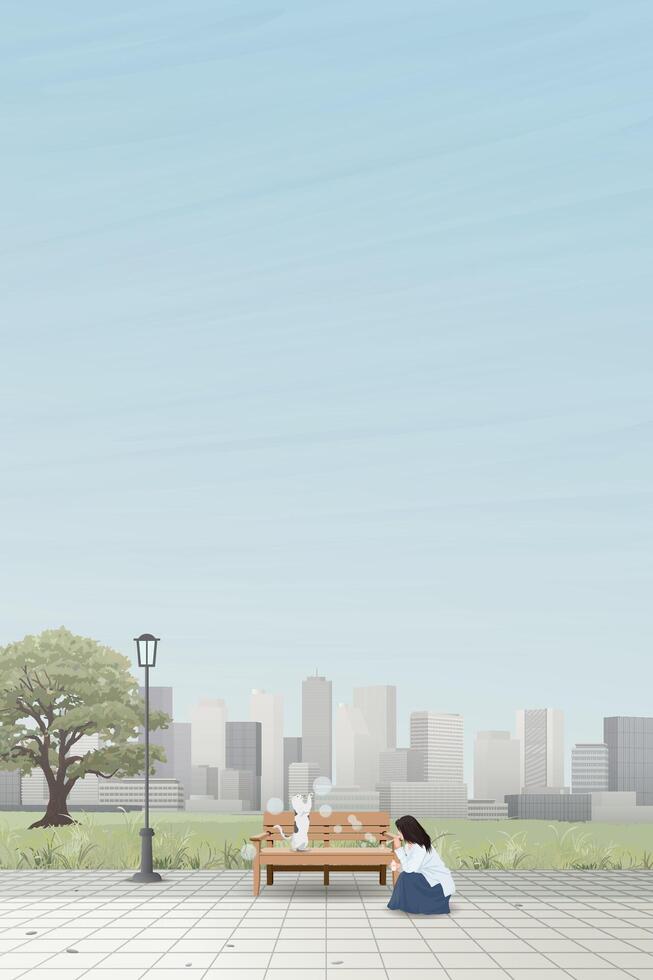 Cityscape with woman and cat playing soap bubbles at public park have skyscraper and blue sky vertical background graphic illustration. vector
