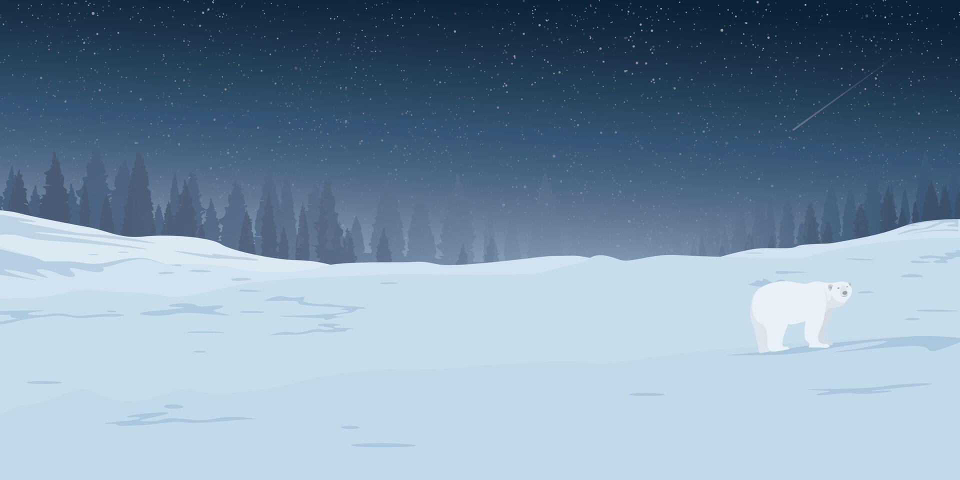 Winter landscape at night with lonely Polar bear covered by white snow have silhouette pine forest and starry sky background graphic illustration. vector