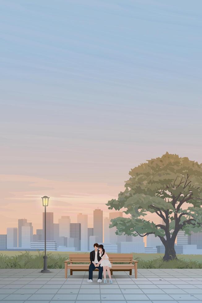 Couple of lover kissing on the bench at public park have skyscraper and vanilla sky vertical background graphic illustration. Sweetheart's dating concept have blank space. vector