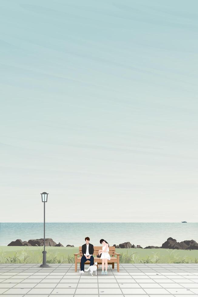 Couple of lover sitting on the bench with them dog on leash at public park seaside have blue sky vertical background graphic illustration. Sweetheart's dating concept have blank space. vector