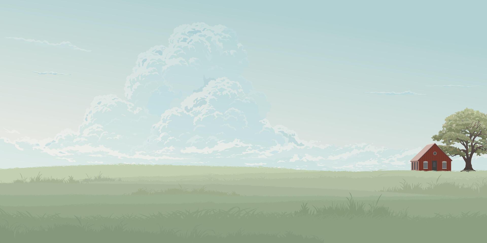 Minimalist countryside landscape with country house and big tree have blue sky background graphic illustration. vector