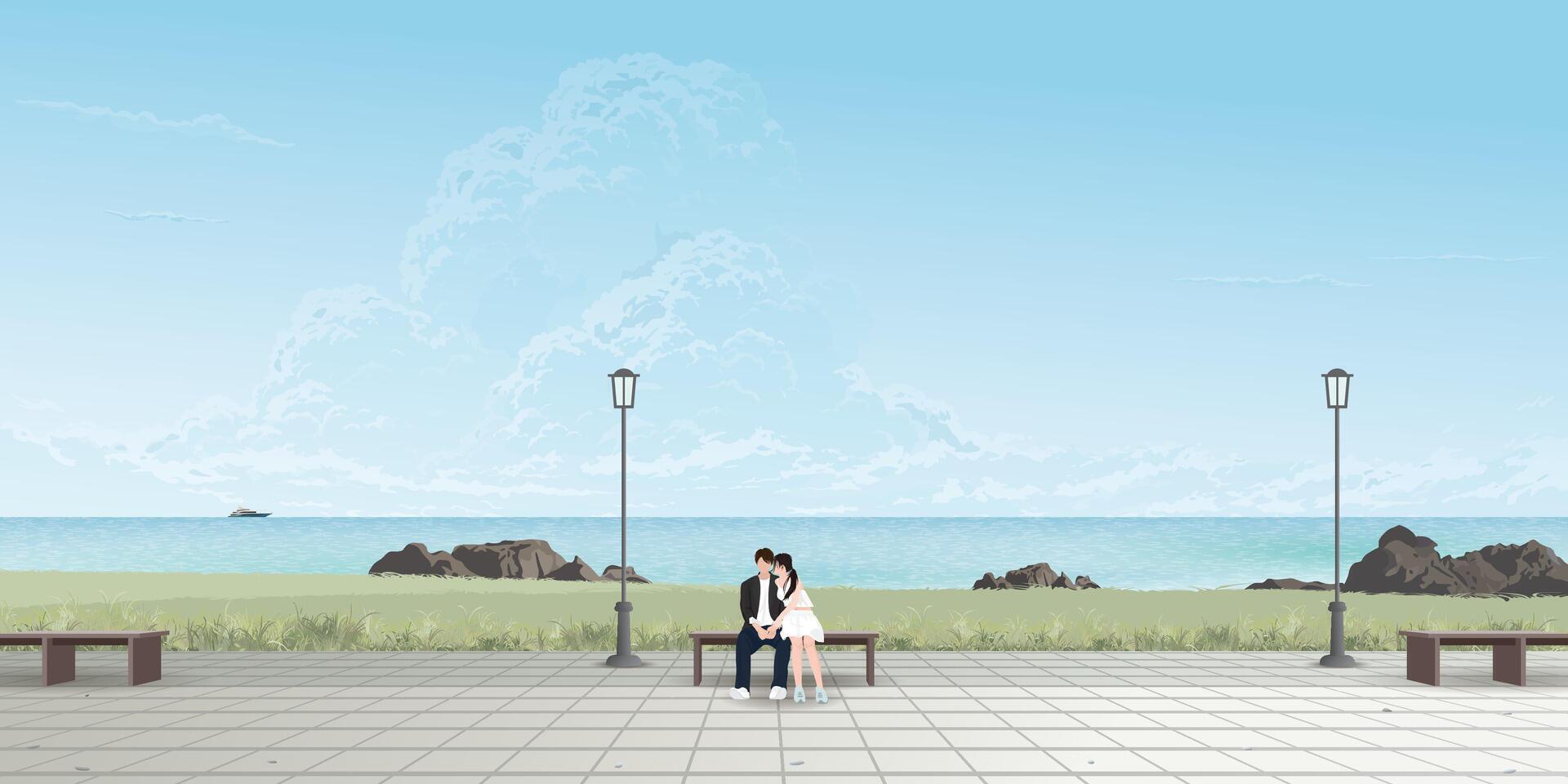 Couple of lover kissing on the bench at seaside have blue sky background graphic illustration. Sweetheart's dating concept have blank space. vector