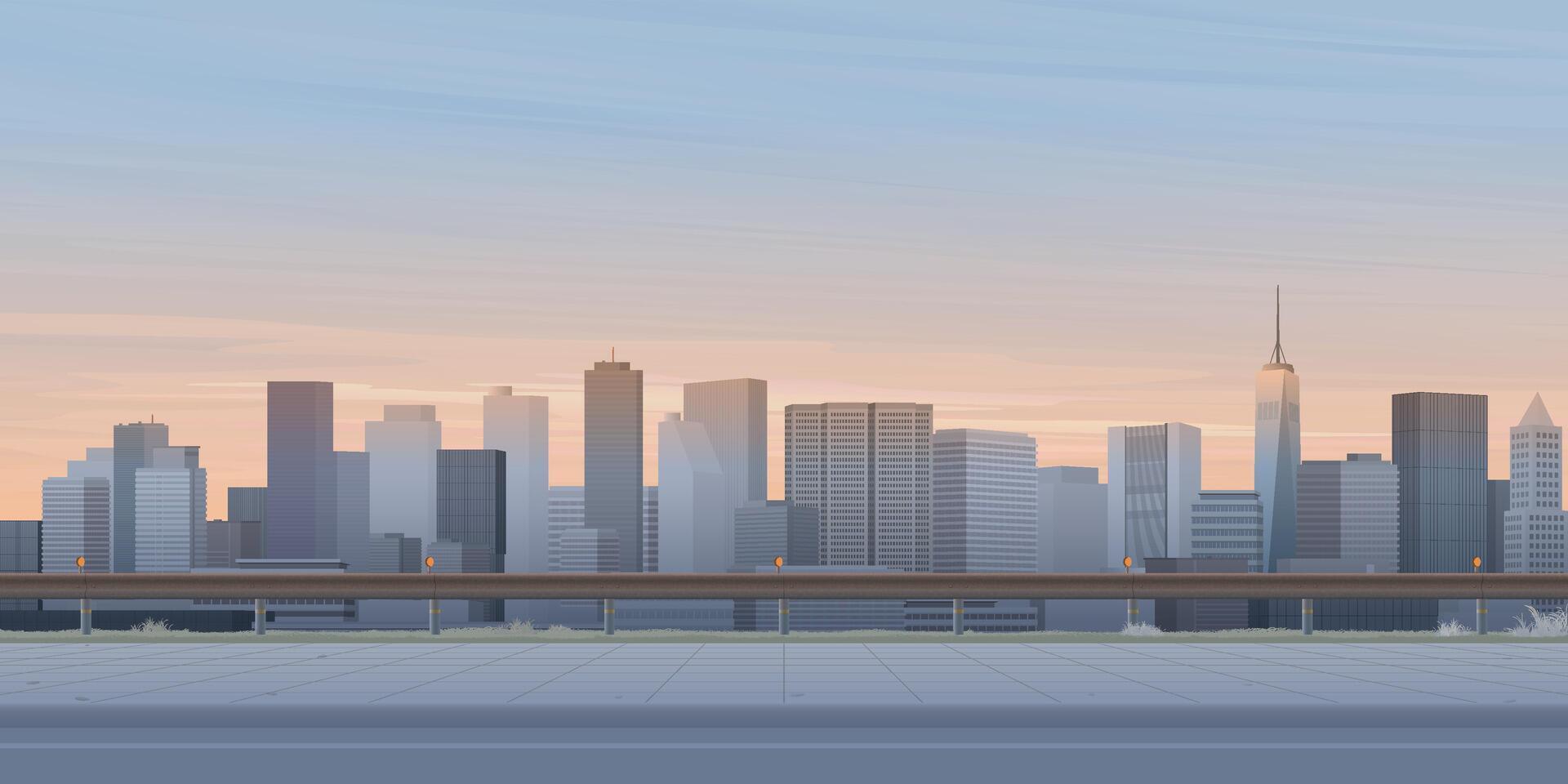 Cityscape sunset view from sidewalk have silhouette skyscraper and vanilla sky background graphic illustration. vector